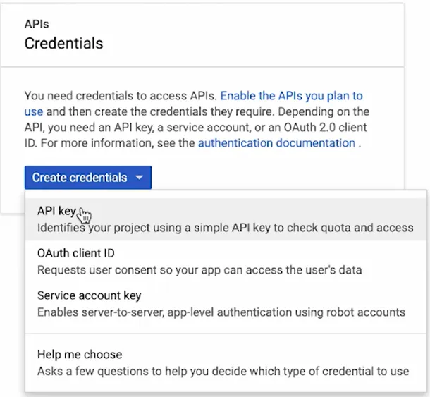 Screenshot of API credentials creation step
