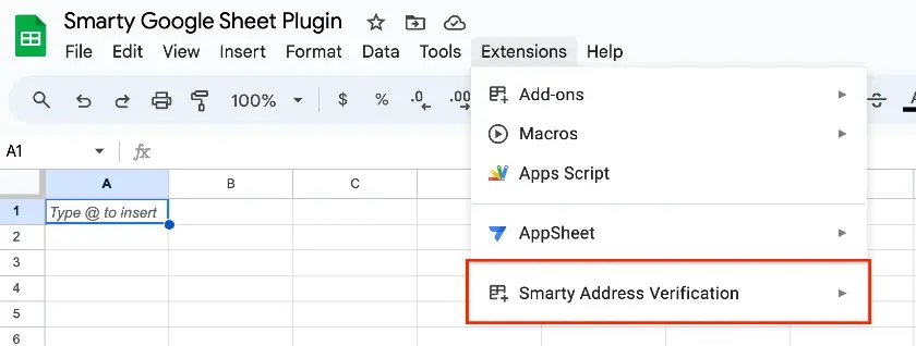 Google Sheets Extension Smarty Address Verification button